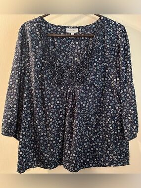 Fashion Bug Navy Blue Floral Smocked Yoke Tunic Size L
